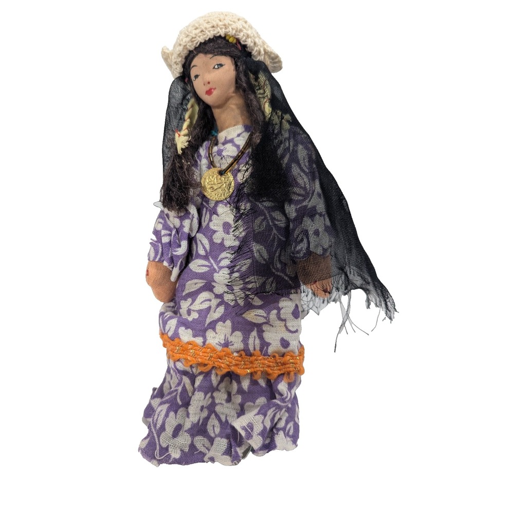 Egyptian Doll Handmade Painted Face Black Veil Folk Art 8 Inch VTG purple dress
